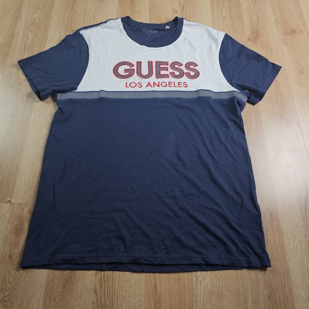 Guess T-Shirt Mens Large Blue White Colorblock Los Angeles Embroidered Logo Tee